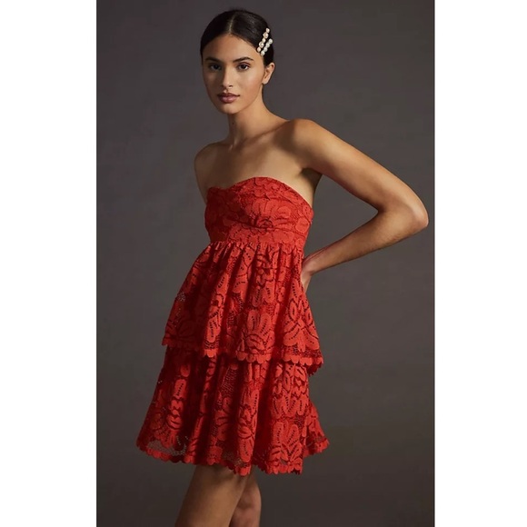 Anthropologie Maeve Strapless Lace Mini Dress NEW NWT Size Medium Red ANTHRO - Picture 1 of 5